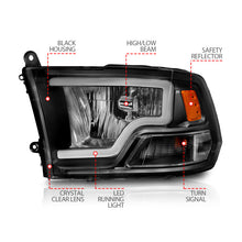 Cargar imagen en el visor de la galería, ANZO 2009-2018 Dodge Ram 1500 Faros delanteros de cristal con barra de luz, carcasa negra