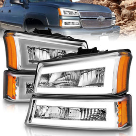 ANZO 2003-2006 Chevrolet Silverado 1500 Faros delanteros de cristal con barra de luz y carcasa cromada