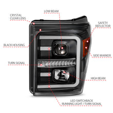 Cargar imagen en el visor de la galería, ANZO 2011-2016 Ford F250 Faros delanteros proyectores con estilo de tablón Switchback negro con ámbar
