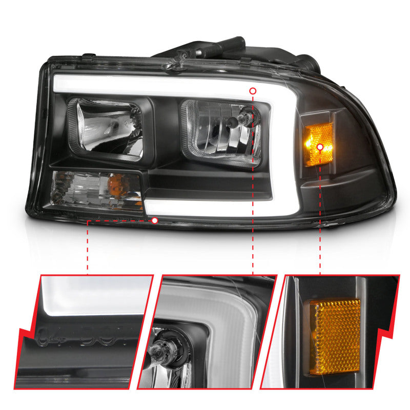 ANZO 97-04 Dodge Dakota/Durango Juego de faros delanteros de cristal con barra de luz y carcasa negra