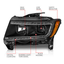 Cargar imagen en el visor de la galería, ANZO 11-13 Jeep Grand Cherokee (solo halógenos de fábrica) Faros delanteros con barra de luz Swtchbk negro