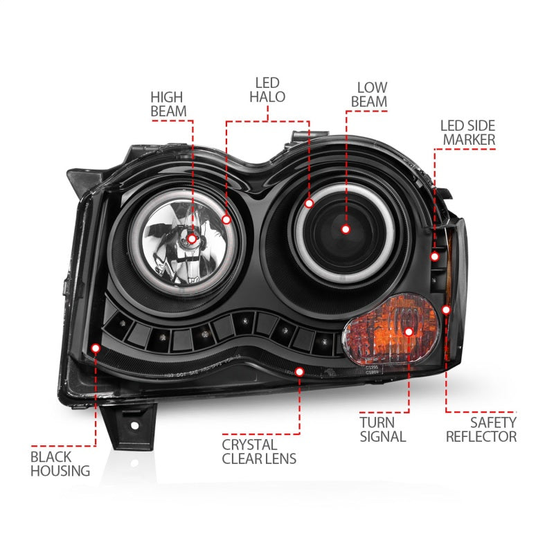 ANZO 2008-2010 Jeep Grand Cherokee Proyector Faros delanteros con Halo Negro (CCFL)