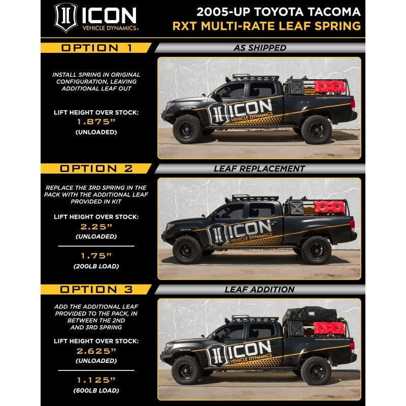 ICON 2005+ Toyota Tacoma Paquete de hojas RXT multitasa con hoja adicional