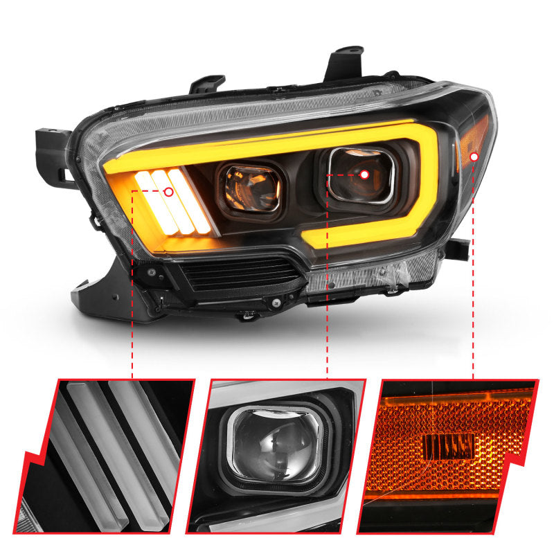 ANZO 2016-2017 Toyota Tacoma Faros delanteros tipo proyector con interruptor estilo tablón negro con ámbar y DRL