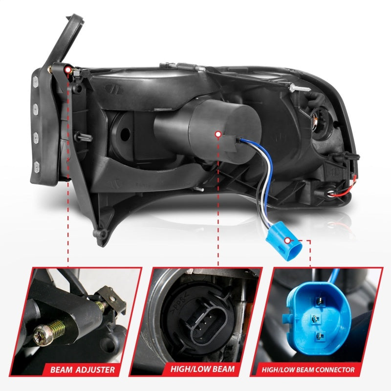 ANZO 94-02 Dodge RAM Crystal Faro delantero - con barra de luz, carcasa negra