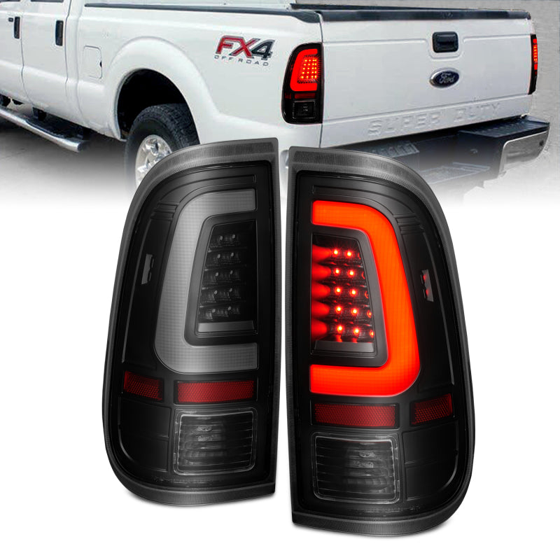 ANZO 2008-2016 Ford F-250 LED trasero con barra de luces, carcasa negra, lente ahumada