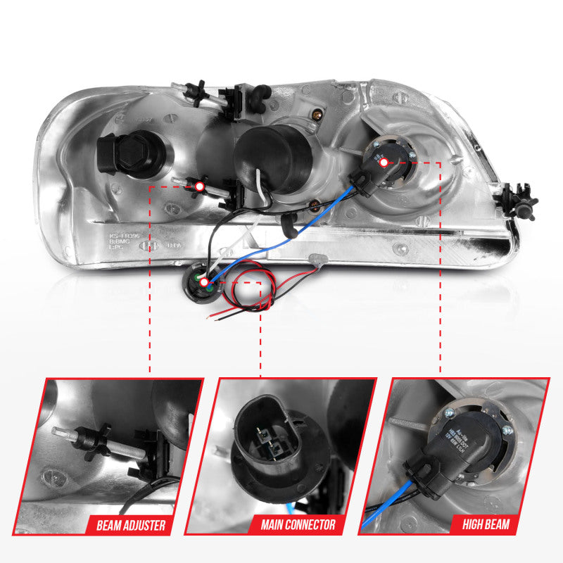 ANZO 1997-2003 Ford F-150 Faros delanteros con barra de luz y carcasa negra