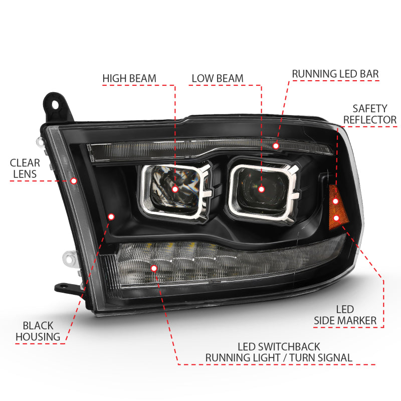 ANZO 2009-2018 Dodge Ram 1500 Proyector HL Switchback Negro Ámbar
