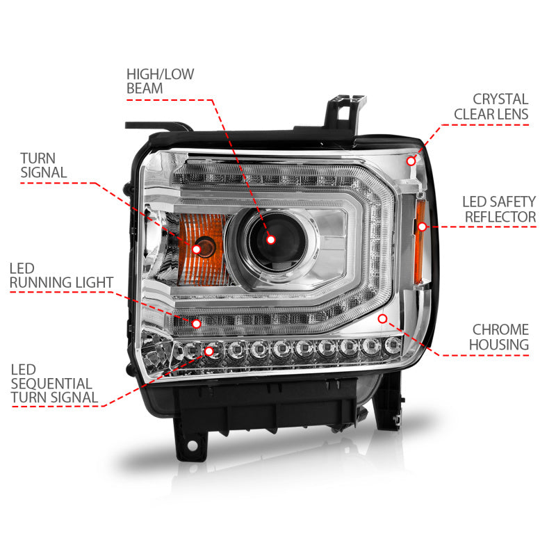 ANZO 2014-2015 Gmc Sierra 1500 Faros delanteros con barra de luz y carcasa cromada (tipo halógeno)