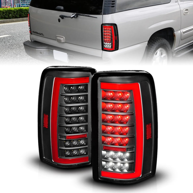 ANZO 00-06 Chevrolet Tahoe / GMC Yukon Luces traseras LED completas con barra de luces carcasa negra/lente transparente