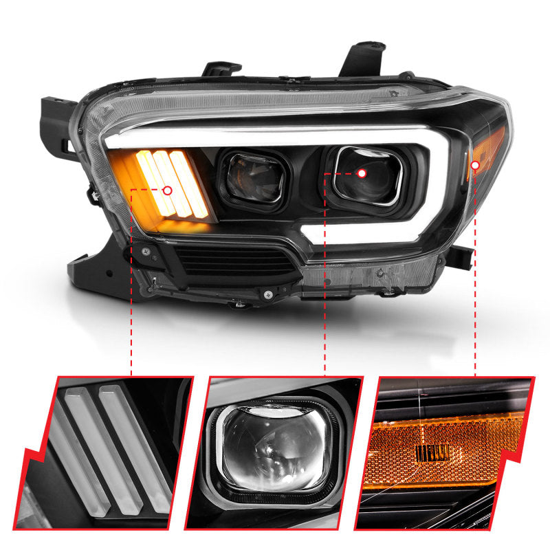 ANZO Faros delanteros proyectores Toyota Tacoma 2016-2017 con diseño estilo tablón, negro/ámbar con DRL