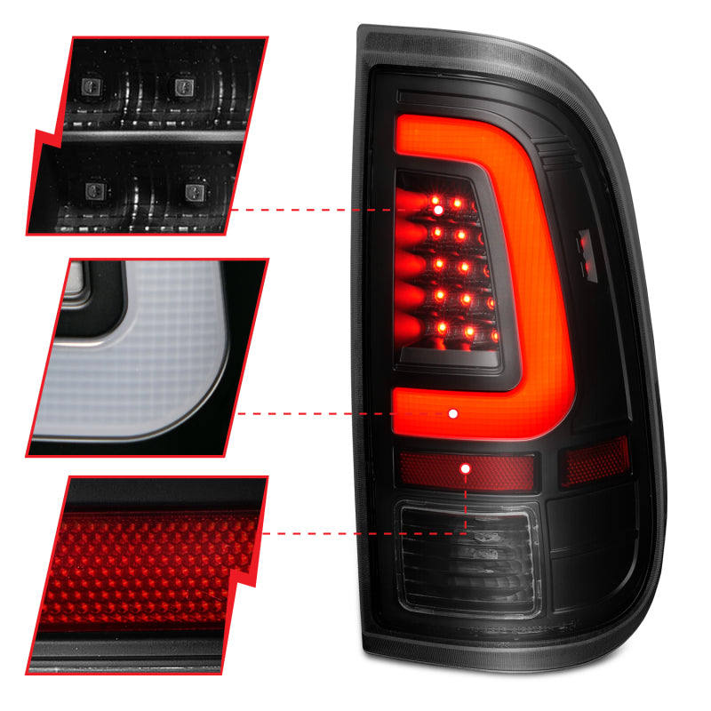ANZO 2008-2016 Ford F-250 LED trasero con barra de luces, carcasa negra, lente ahumada