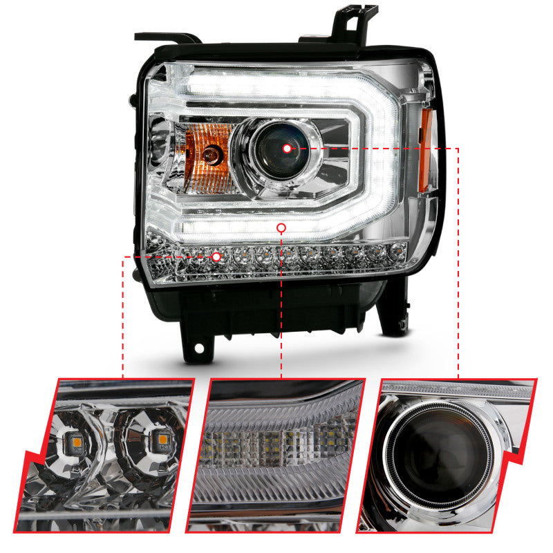 ANZO 2016-2019 Gmc Sierra 1500 Proyector Faro estilo tablón cromado con señal ámbar secuencial