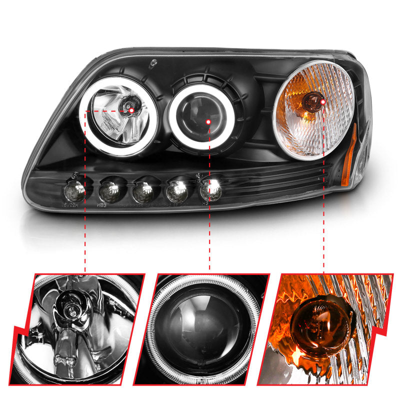 ANZO 1997-2003 Ford F-150 Faros delanteros con proyector con halo negro (CCFL)