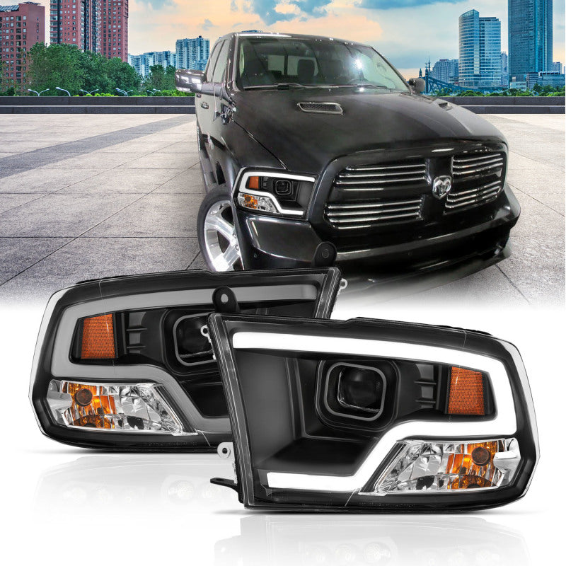 ANZO 09-18 Dodge Ram 1500 Faros delanteros estilo tablón negro con halo
