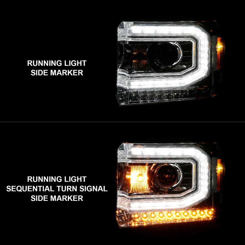ANZO 2014-2015 Gmc Sierra 1500 Faros delanteros con barra de luz y carcasa cromada (tipo halógeno)
