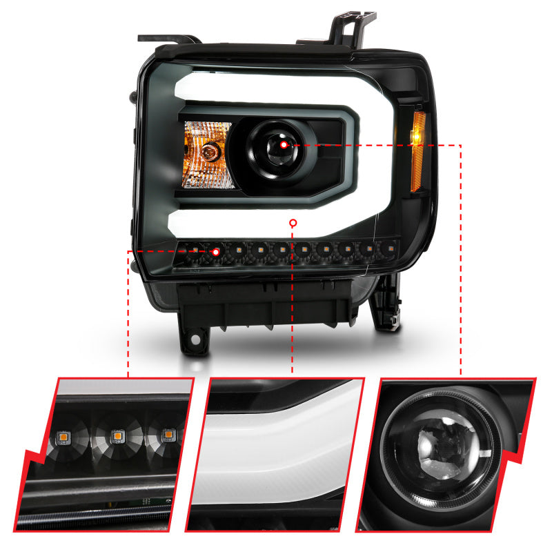 ANZO 2014-2015 GMC Sierra 1500 Faros delanteros con barra de luz, carcasa negra (tipo halógeno)