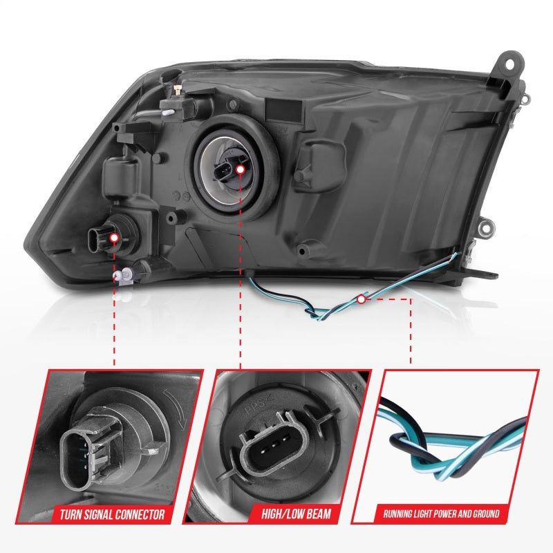 ANZO 2009-2018 Dodge Ram 1500/2500/3500 Faros delanteros de cristal con barra de luz cromada
