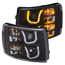 ANZO 2007-2013 Chevrolet Silverado 1500/2500 Faros delanteros con barra en U, color negro con ámbar