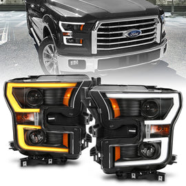 ANZO 2015-2017 Ford F-150 Faros delanteros proyectores con estilo de tablón Switchback negro con ámbar