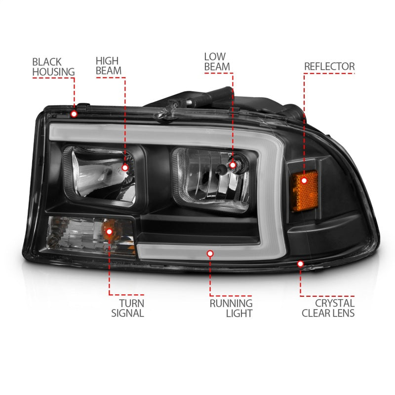 ANZO 97-04 Dodge Dakota/Durango Juego de faros delanteros de cristal con barra de luz y carcasa negra