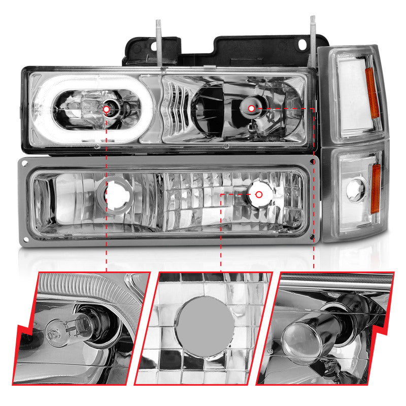 ANZO 88-98 Chevrolet C1500 Faros delanteros de cristal con carcasa cromada con luces de señal y de posición laterales