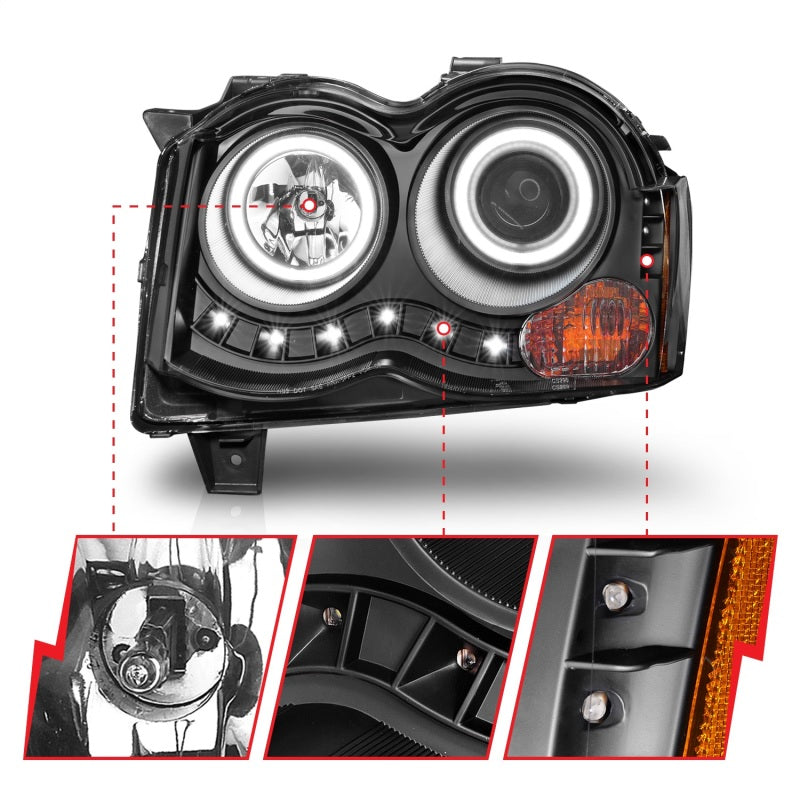 ANZO 2008-2010 Jeep Grand Cherokee Proyector Faros delanteros con Halo Negro (CCFL)
