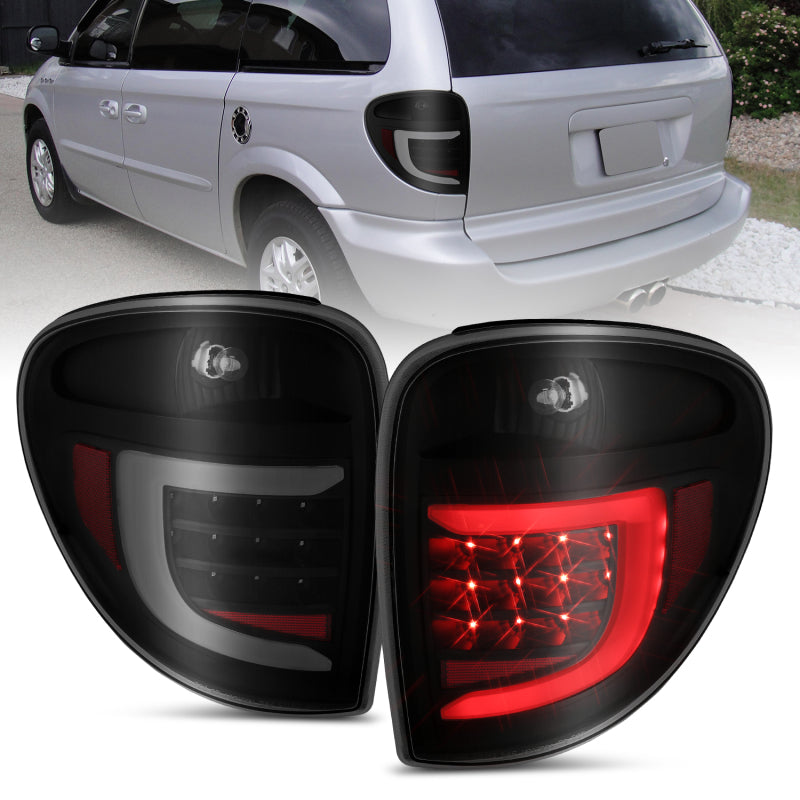 ANZO 2004-2007 Dodge Grand Caravan luces traseras LED con barra de luz, carcasa negra, lente ahumada