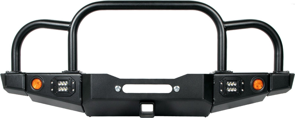 86-95 Suzuki Samurai Front Bumpers - 0-1 Inch Winch Plate Short Ends with Stubby Ends Grill and Headlight Guard Black Powder Coat Low Range Off Road