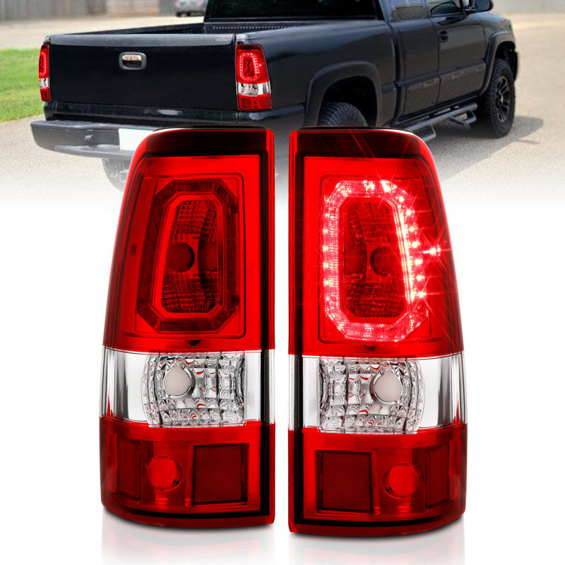 ANZO 1999-2002 Chevy Silverado 1500 luces traseras LED estilo tablón cromadas con lente roja/transparente