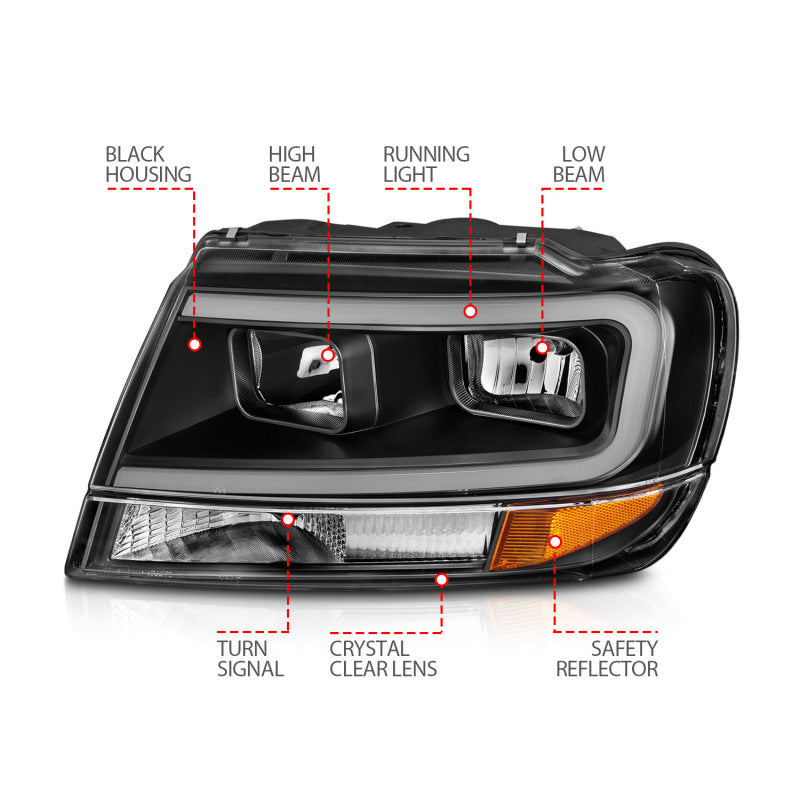Faros delanteros de cristal ANZO 99-04 Jeep Grand Cherokee - con barra de luz y carcasa negra