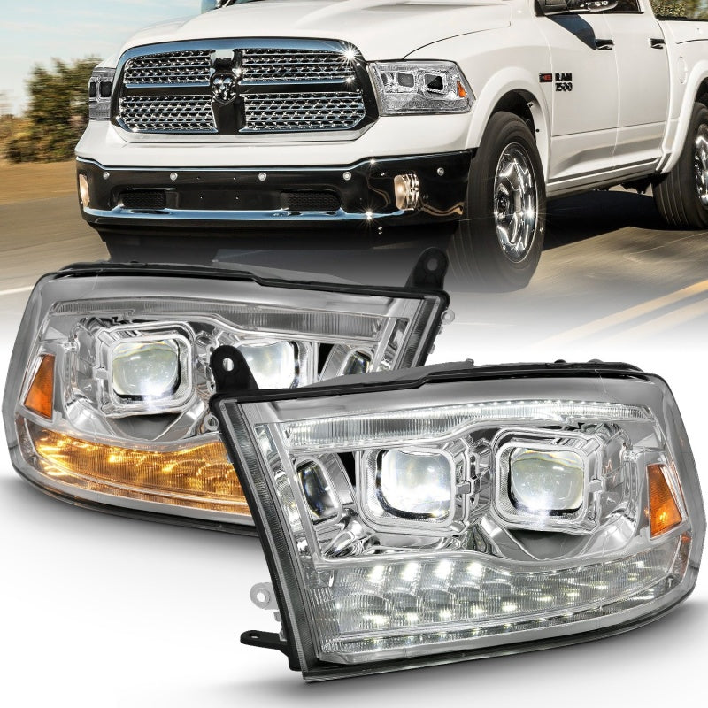 ANZO 2009-2018 Dodge Ram 1500 Proyector LED estilo tablón Switchback HL Halo cromo ámbar (estilo OE)