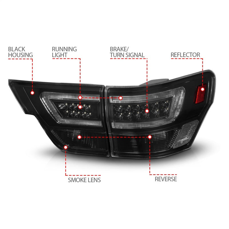 ANZO 11-13 Jeep Grand Cherokee Luces traseras LED con barra de luces Carcasa negra/lente ahumada 4 piezas
