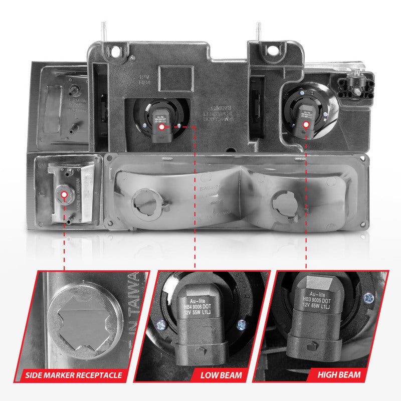 ANZO 88-98 Chevrolet C1500 Faros delanteros de cristal con carcasa cromada con luces de señal y de posición laterales