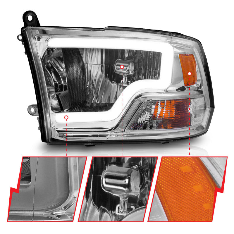 ANZO 2009-2018 Dodge Ram 1500/2500/3500 Faros delanteros de cristal con barra de luz cromada