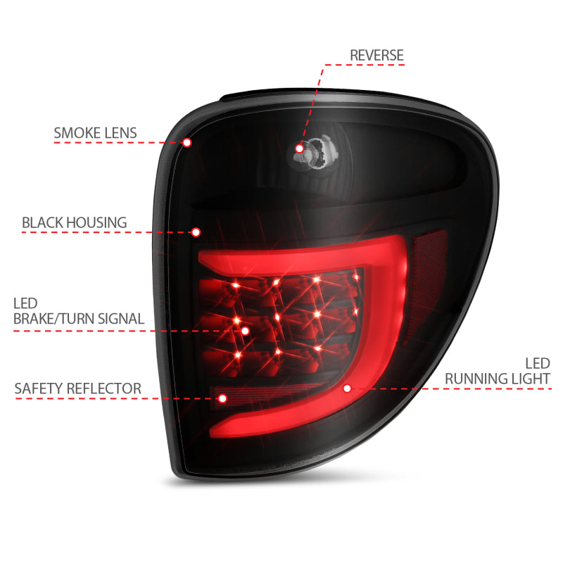 ANZO 2004-2007 Dodge Grand Caravan luces traseras LED con barra de luz, carcasa negra, lente ahumada