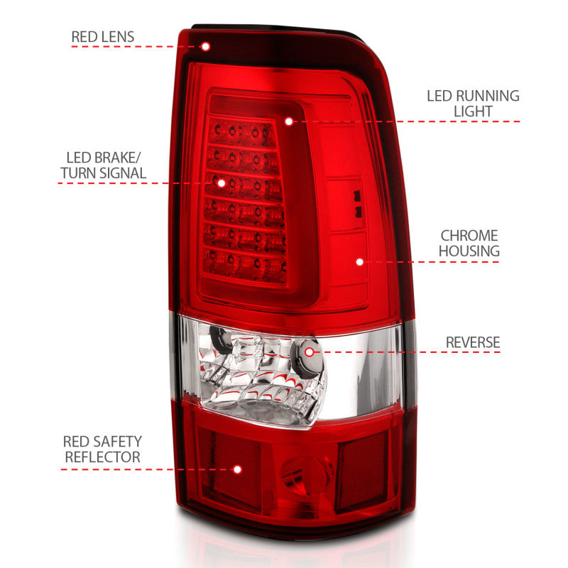 ANZO 2003-2006 Chevy Silverado 1500 luces traseras LED estilo tablón cromadas con lente roja/transparente