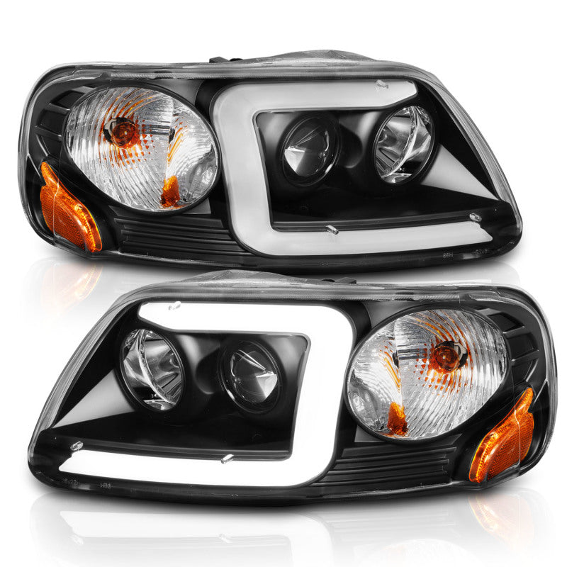 ANZO 1997-2003 Ford F-150 Faros delanteros con barra de luz y carcasa negra