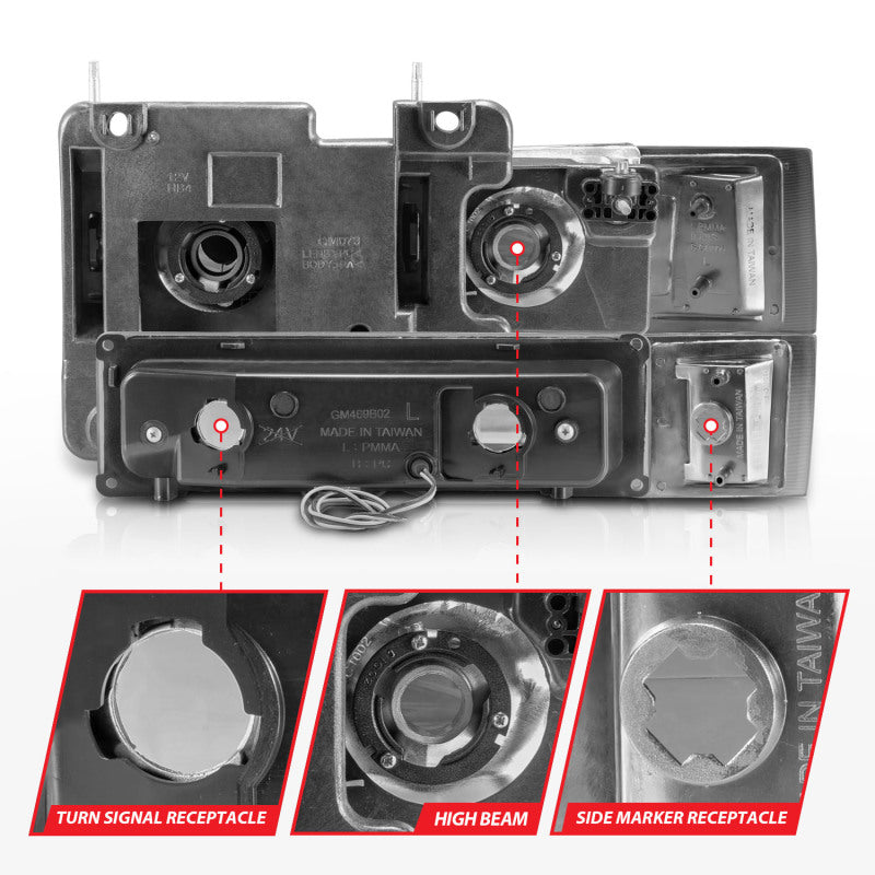 ANZO 88-98 Chevrolet C1500 Faros delanteros de cristal con barra de luz, carcasa cromada con marcadores laterales de señal, 8 piezas