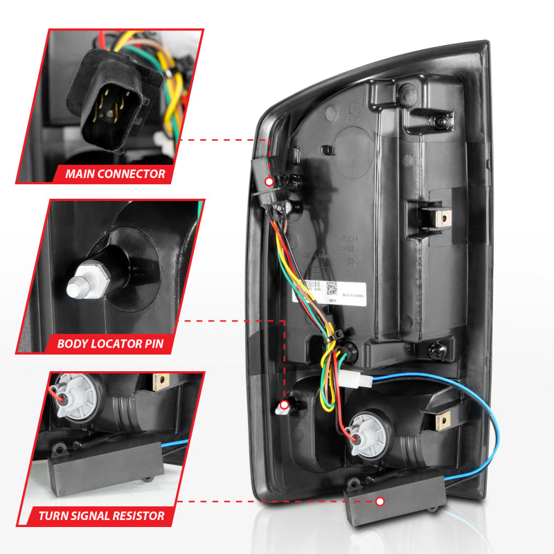 ANZO 2002-2006 Dodge Ram 1500 luces traseras LED con barra de luz, carcasa negra, lente ahumada