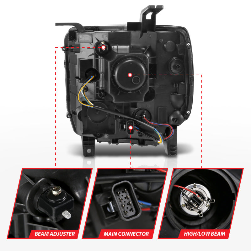 ANZO 2014-2015 Gmc Sierra 1500 Faros delanteros con barra de luz y carcasa cromada (tipo halógeno)
