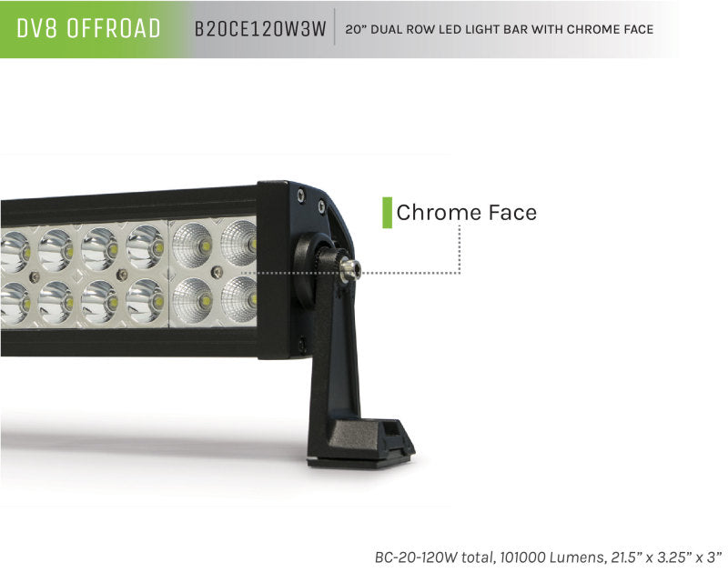 Barra de luces DV8 Offroad Chrome Series de 20 pulgadas, 120 W, reflector/punto, LED de 3 W