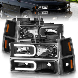 ANZO 88-98 Chevrolet C1500 Faros delanteros de cristal con barra de luz, carcasa negra con marcadores laterales de señal, 8 unidades