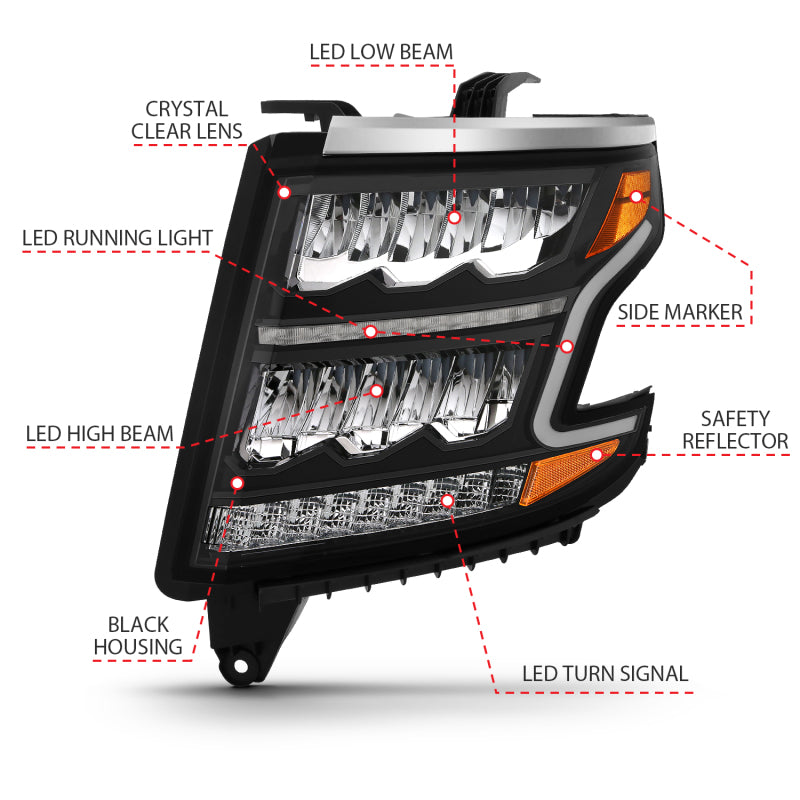 ANZO 15-20 Chevy Tahoe/Suburban Faros delanteros estilo barra de luz LED, color negro con secuencial con DRL y ámbar