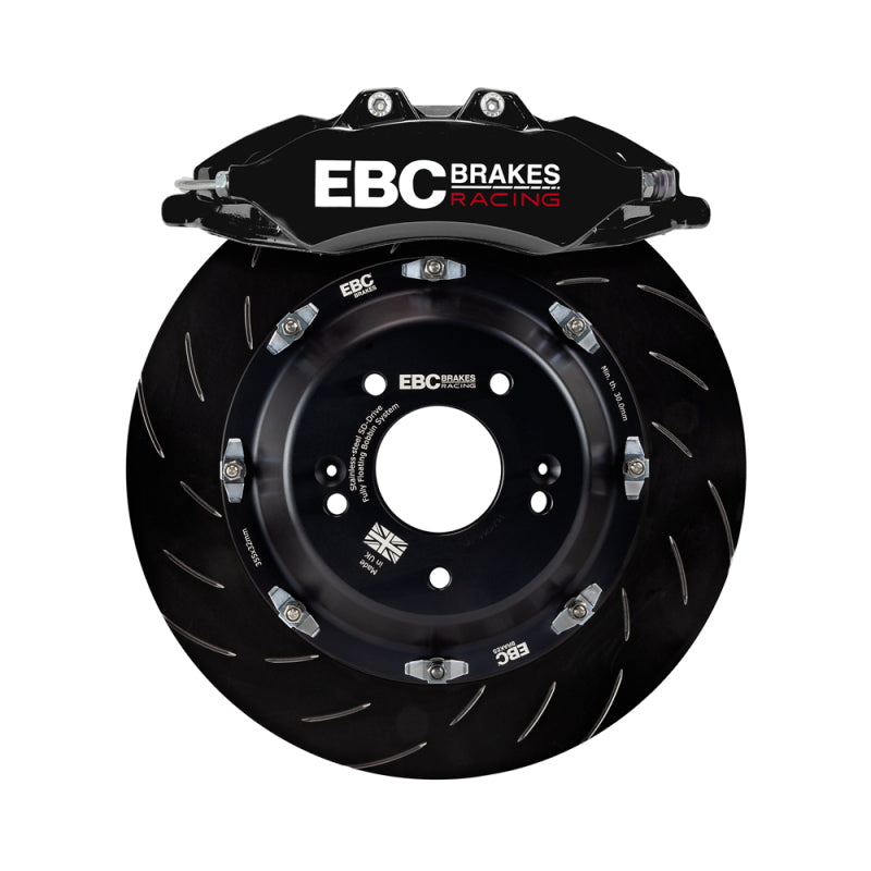 EBC Racing 2019+ BMW M235i (F44) Kit de freno delantero grande con pinzas Apollo de 6 pistones, rotores de 355 mm, color negro
