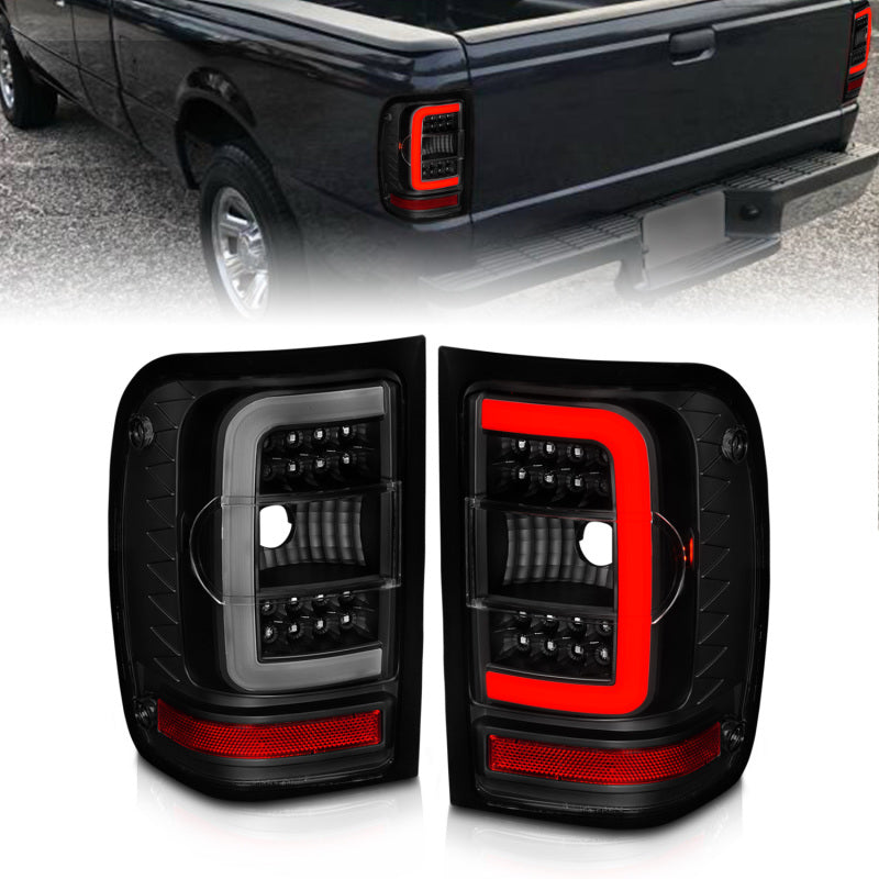 Luces traseras LED ANZO 01-11 Ford Ranger - Carcasa negra con lente ahumada y barra de luces