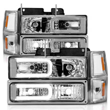 Cargar imagen en el visor de la galería, ANZO 88-98 Chevrolet C1500 Faros delanteros de cristal con barra de luz, carcasa cromada con marcadores laterales de señal, 8 piezas