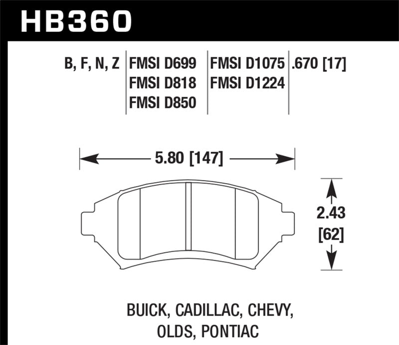 Hawk Buick/Cadillac/Chevy/Olds/Pontiac Pastillas de freno de calle de cerámica de rendimiento delantero