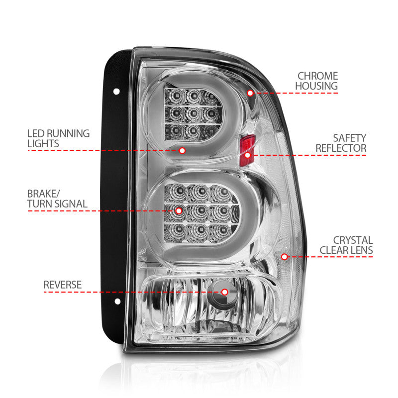 ANZO 2002-2009 Chevrolet Trailblazer luces traseras LED con barra de luz, carcasa cromada, lente transparente