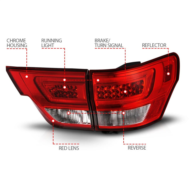 ANZO 11-13 Jeep Grand Cherokee Luces traseras LED con barra de luces Carcasa cromada Lente roja/transparente 4 piezas
